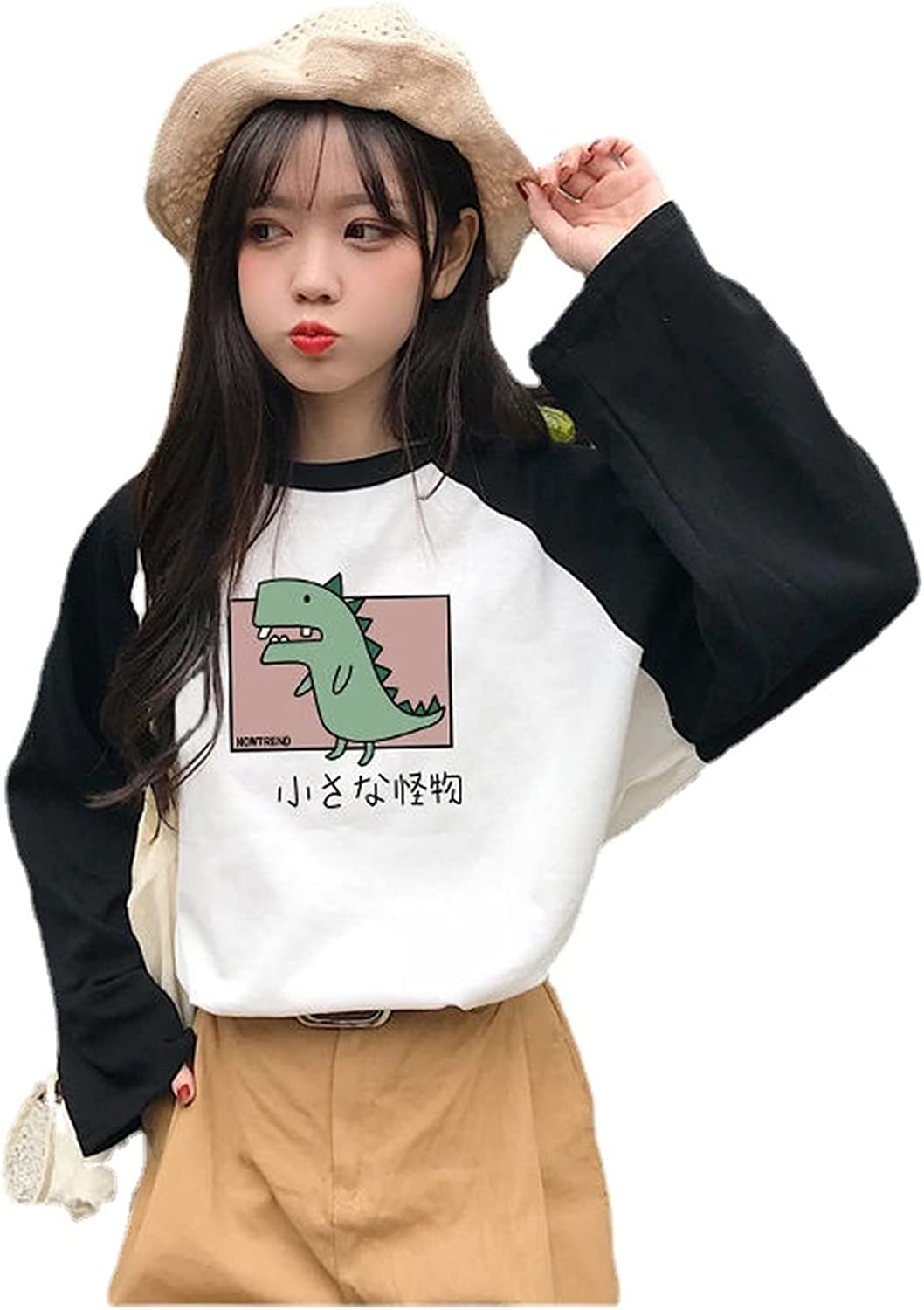 DanceeMangoo Kawaii Cute Shirts Tee for Teens Girls Cat Dino Patchwork Long  Sleeve Anime Japanese Kpop 12 14 16 Years Old Tops 